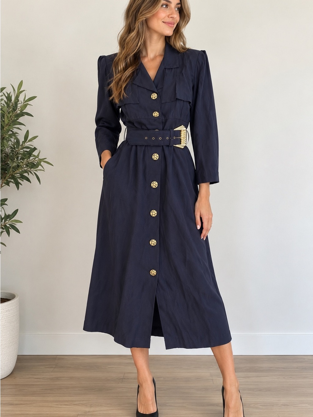 Vintage Positive Influence Navy Belted Midi Dress USA Art Deco Buttons Size 6